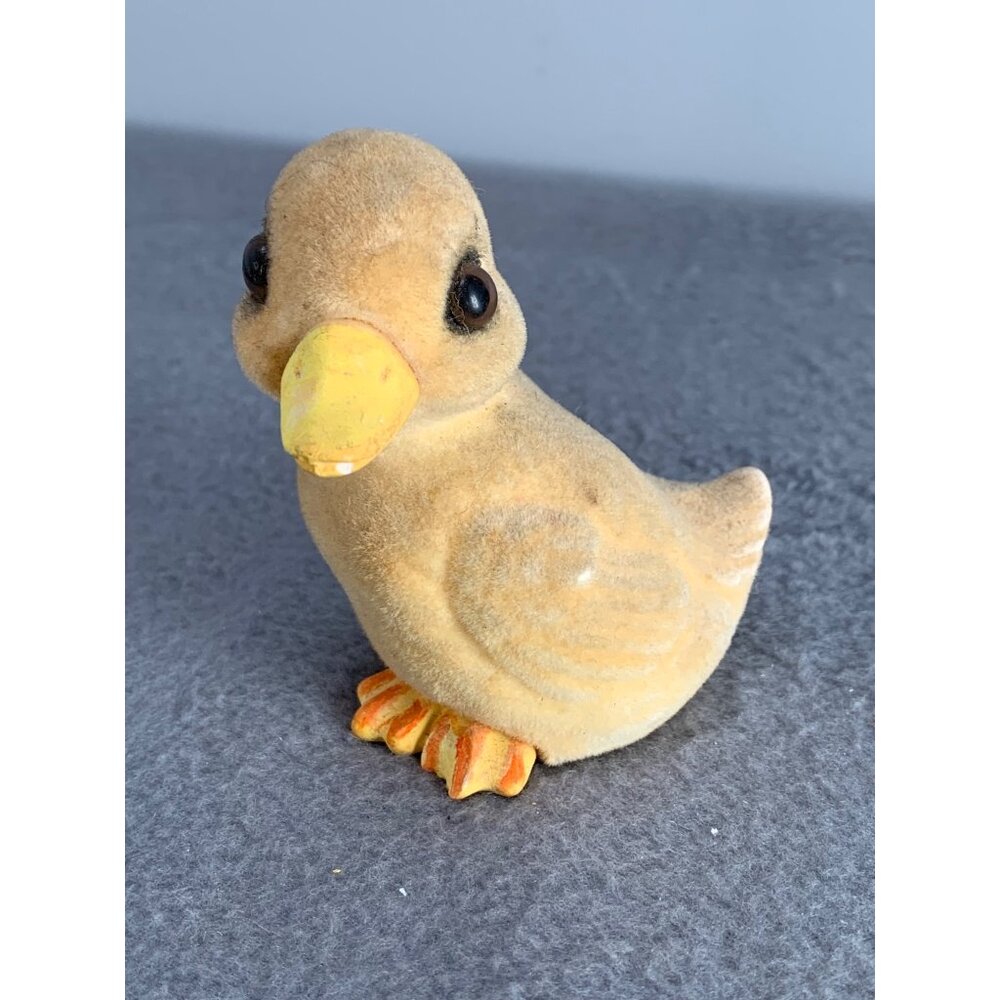 Vintage Flocked Duck Figurine 1970s with Black Eyes & Yellow Beak